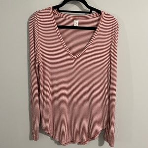 Old Navy Red and White Striped Long Sleeve V-Neck Tee